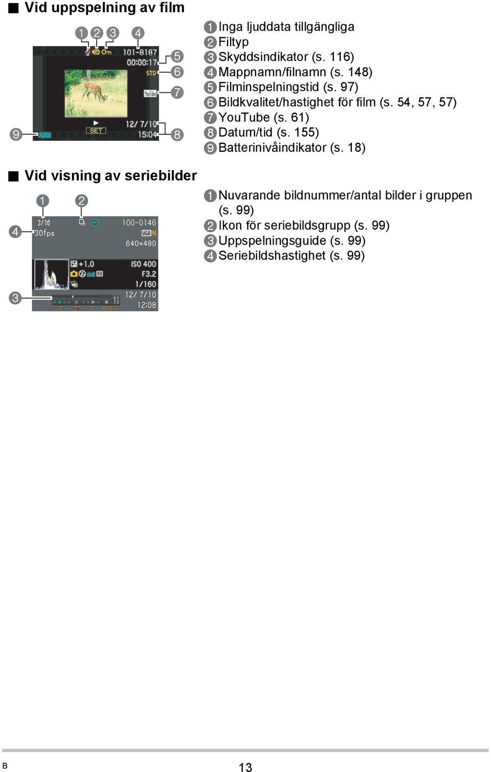 116) 4Mappnamn/filnamn (s. 148) 5Filminspelningstid (s. 97) 6Bildkvalitet/hastighet för film (s.