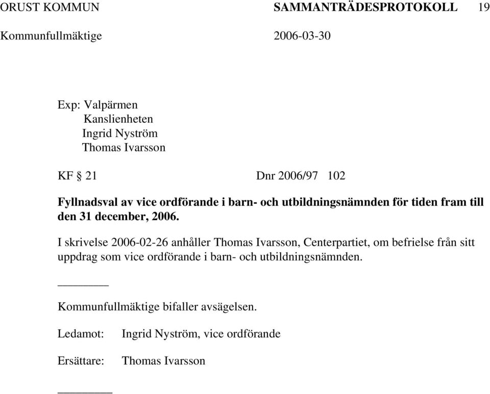 I skrivelse 2006-02-26 anhåller Thomas Ivarsson, Centerpartiet, om befrielse från sitt uppdrag som vice ordförande i