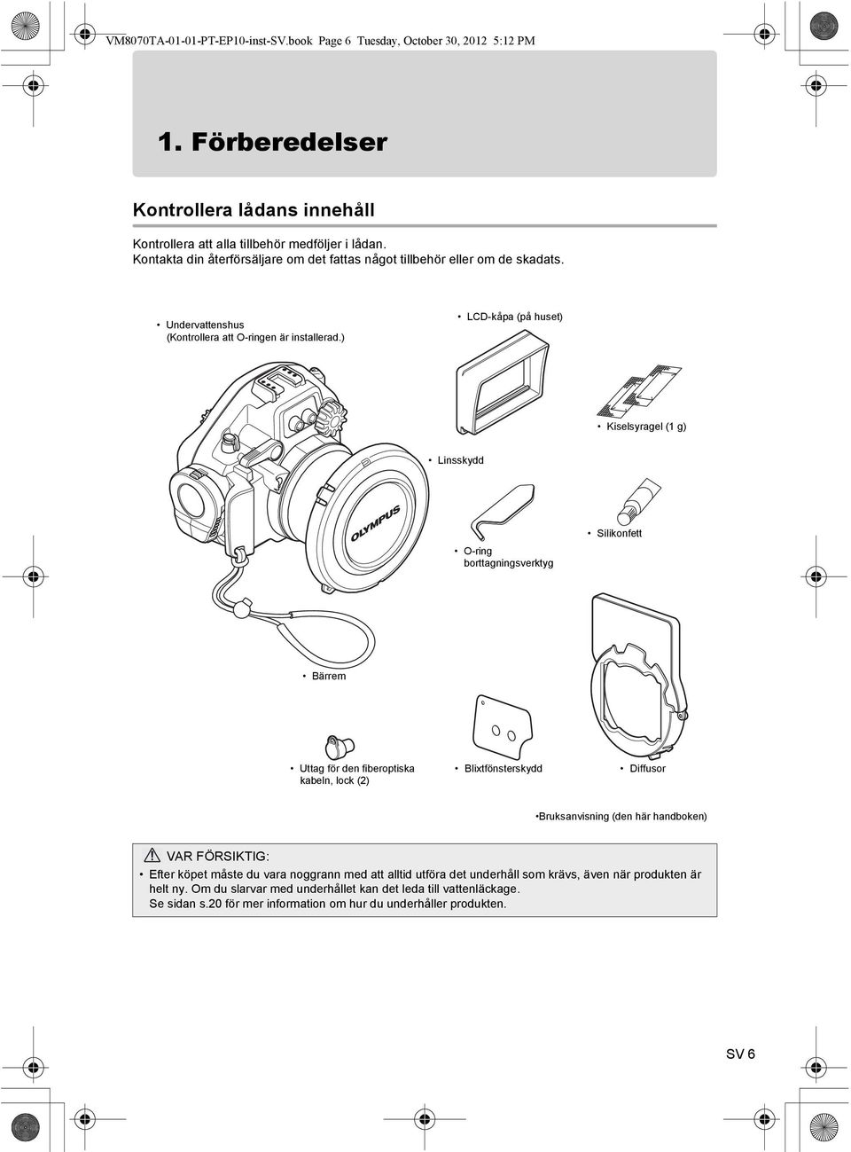 ) LCD-kåpa (på huset) Kiselsyragel (1 g) Linsskydd O-ring borttagningsverktyg Silikonfett Bärrem Uttag för den fiberoptiska kabeln, lock (2) Blixtfönsterskydd Diffusor Bruksanvisning (den