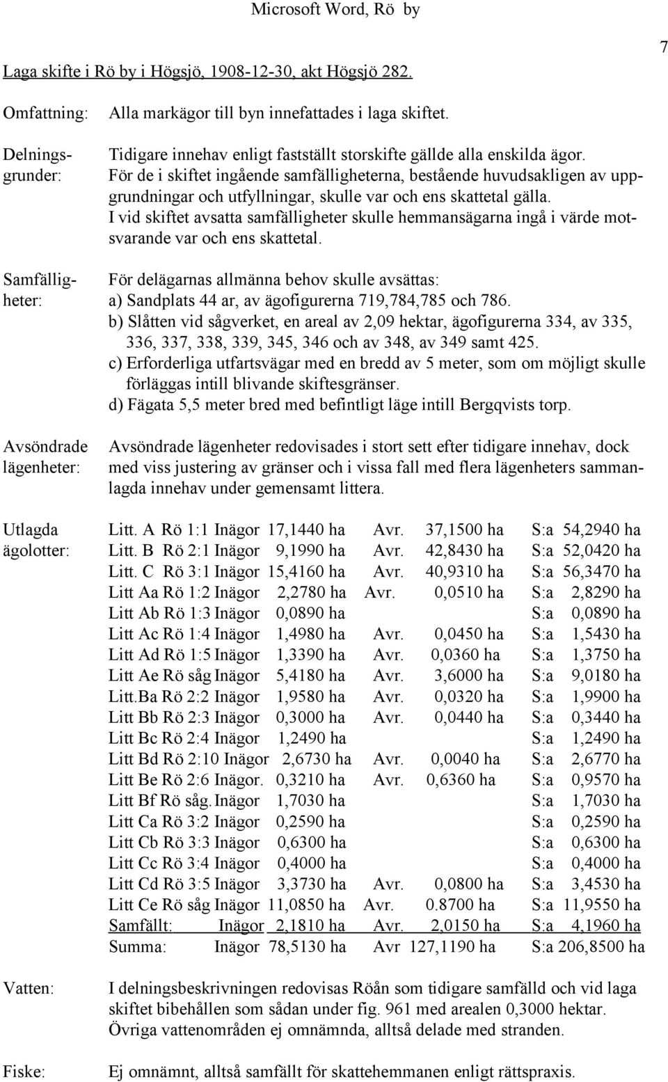 För de i skiftet ingående samfälligheterna, bestående huvudsakligen av uppgrundningar och utfyllningar, skulle var och ens skattetal gälla.