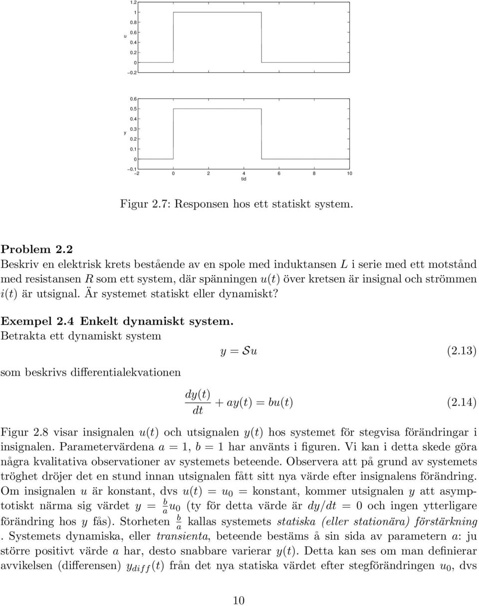 utsignal. Är systemet statiskt eller dynamiskt? Exempel 2.4 Enkelt dynamiskt system. Betrakta ett dynamiskt system y = Su (2.13) som beskrivs differentialekvationen dy(t) + ay(t) = bu(t) (2.