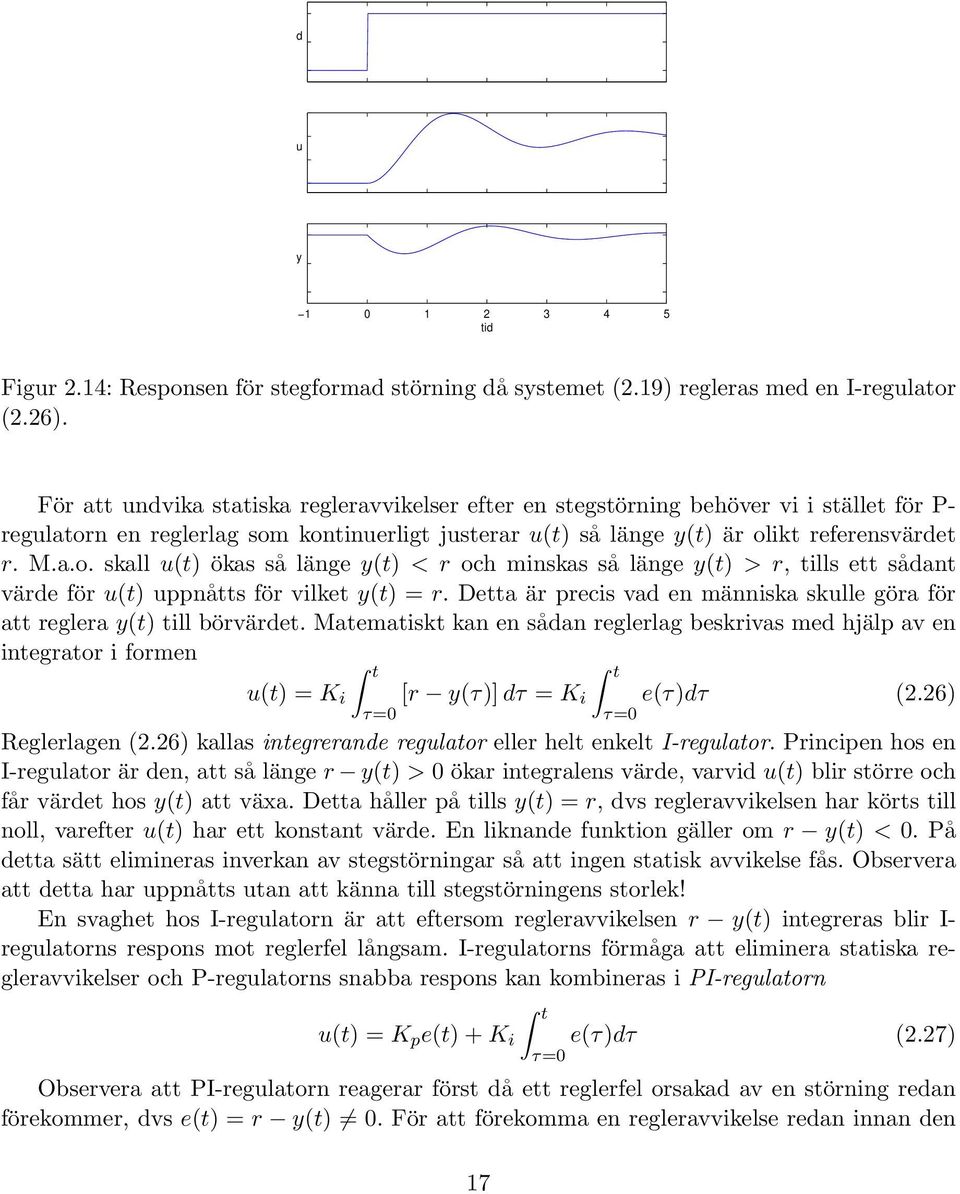 n en reglerlag som kontinuerligt justerar u(t) så länge y(t) är olikt referensvärdet r. M.a.o. skall u(t) ökas så länge y(t) < r och minskas så länge y(t) > r, tills ett sådant värde för u(t) uppnåtts för vilket y(t) = r.