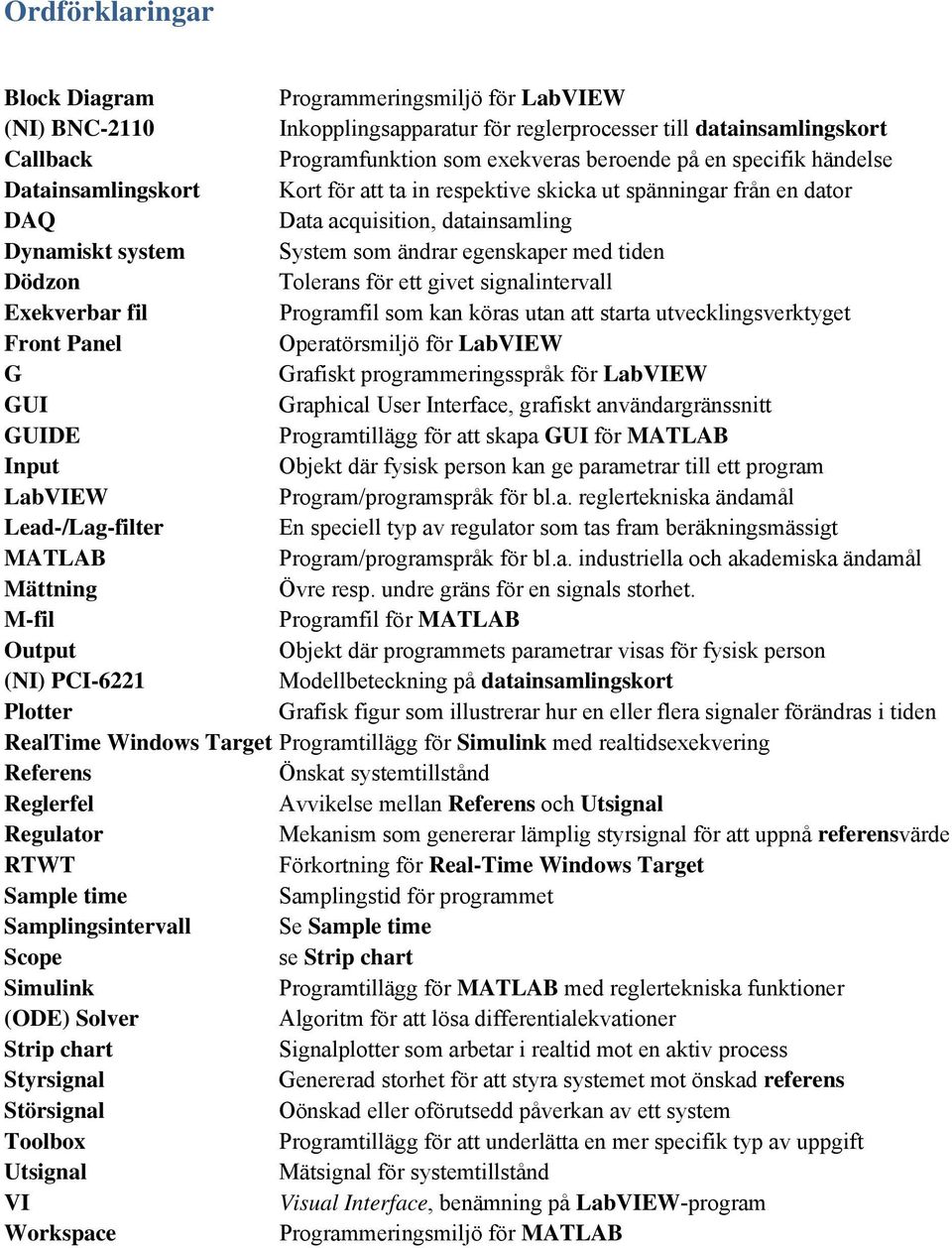 Dödzon Tolerans för ett givet signalintervall Exekverbar fil Programfil som kan köras utan att starta utvecklingsverktyget Front Panel Operatörsmiljö för LabVIEW G Grafiskt programmeringsspråk för