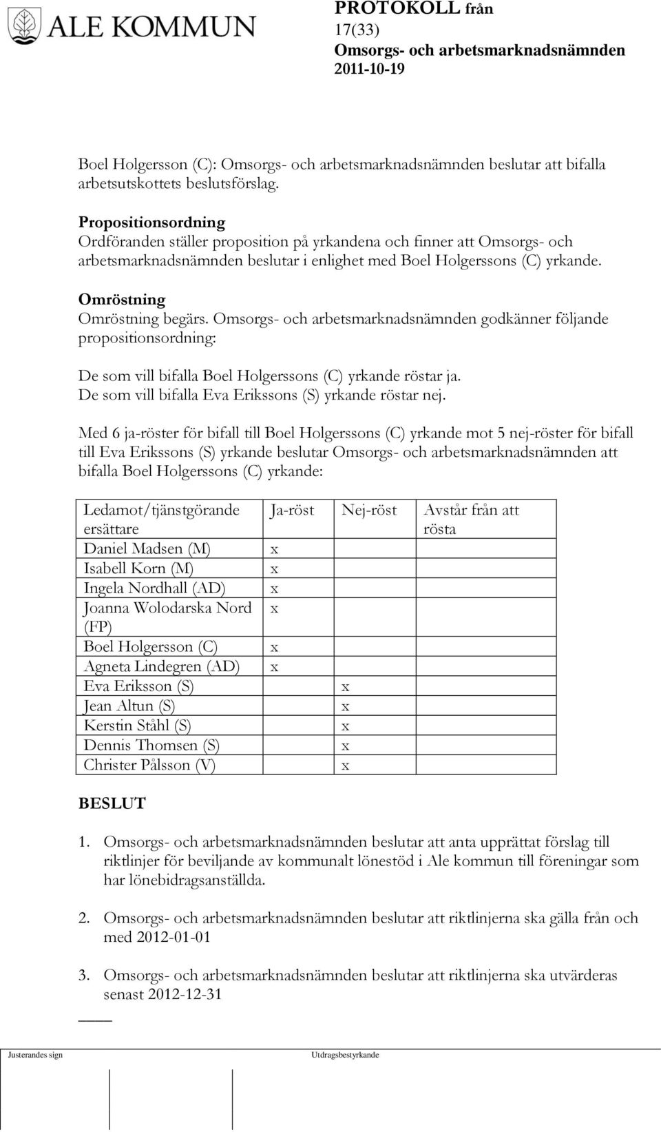 godkänner följande propositionsordning: De som vill bifalla Boel Holgerssons (C) yrkande röstar ja. De som vill bifalla Eva Erikssons (S) yrkande röstar nej.