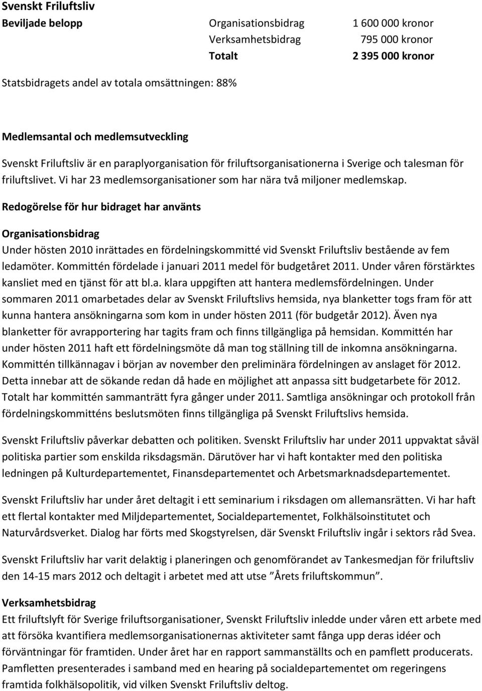 Under hösten 2010 inrättades en fördelningskommitté vid Svenskt Friluftsliv bestående av fem ledamöter. Kommittén fördelade i januari 2011 medel för budgetåret 2011.