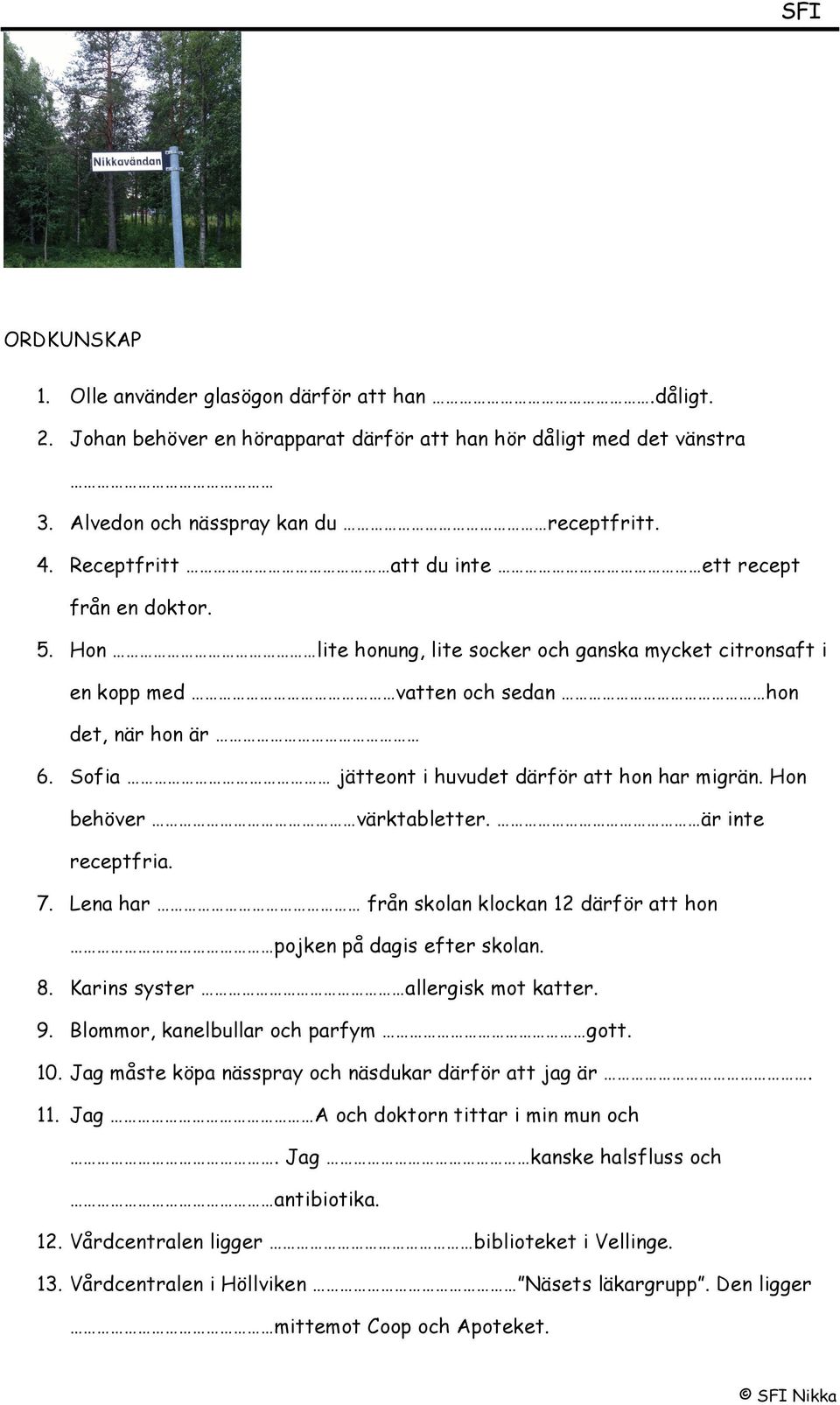 Sofia jätteont i huvudet därför att hon har migrän. Hon behöver värktabletter. är inte receptfria. 7. Lena har från skolan klockan 12 därför att hon pojken på dagis efter skolan. 8.