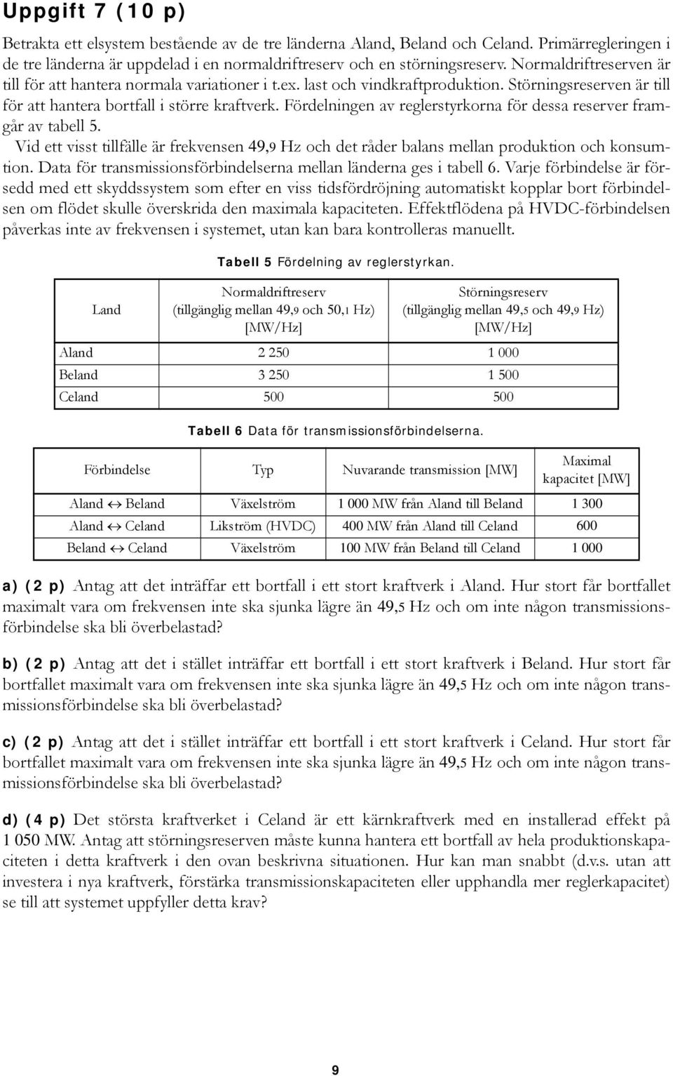 Fördelningen av reglerstyrkorna för dessa reserver framgår av tabell 5. Vid ett visst tillfälle är frekvensen 49,9 Hz och det råder balans mellan produktion och konsumtion.