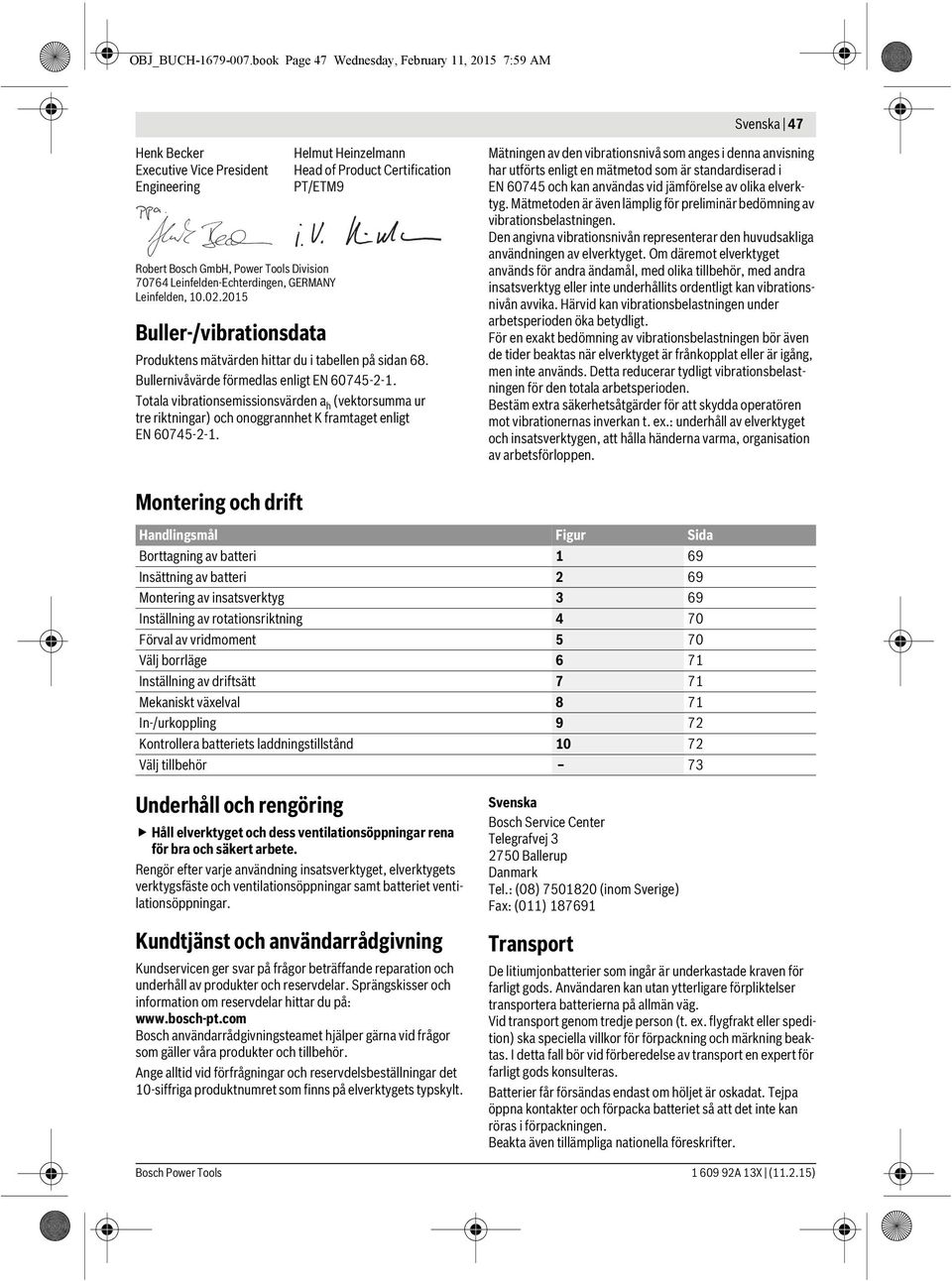 Leinfelden, 10.02.2015 Buller-/vibrationsdata Helmut Heinzelmann Head of Product Certification PT/ETM9 Produktens mätvärden hittar du i tabellen på sidan 68.