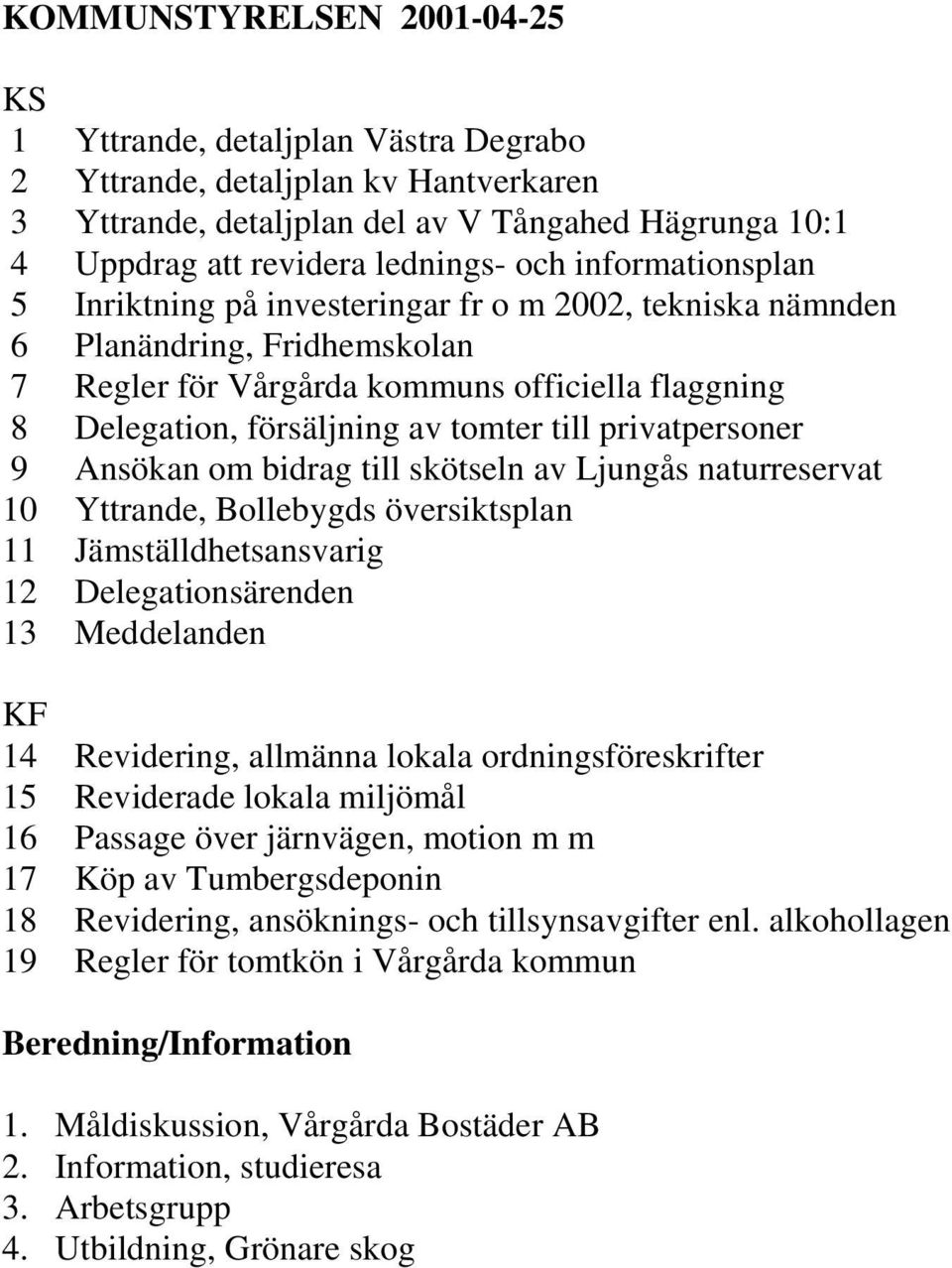 privatpersoner 9 Ansökan om bidrag till skötseln av Ljungås naturreservat 10 Yttrande, Bollebygds översiktsplan 11 Jämställdhetsansvarig 12 Delegationsärenden 13 Meddelanden KF 14 Revidering,