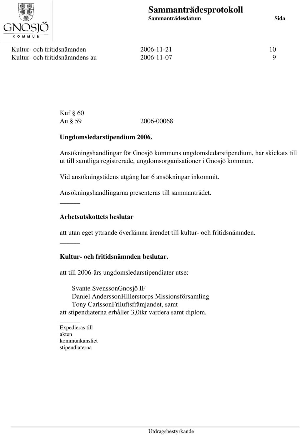 Vid ansökningstidens utgång har 6 ansökningar inkommit. Ansökningshandlingarna presenteras till sammanträdet.