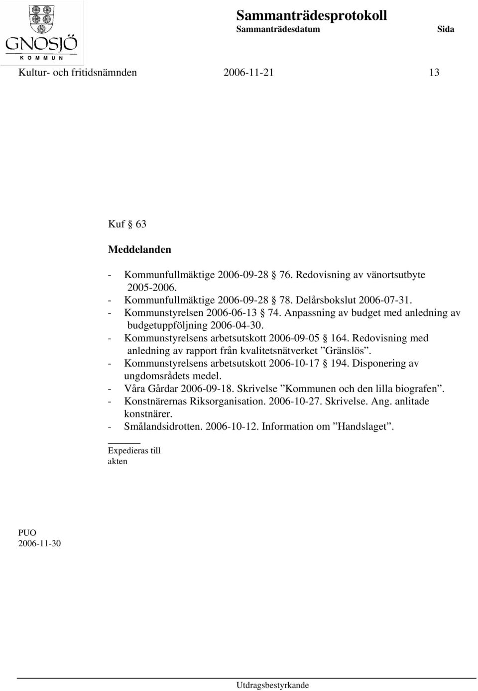 Redovisning med anledning av rapport från kvalitetsnätverket Gränslös. - Kommunstyrelsens arbetsutskott 2006-10-17 194. Disponering av ungdomsrådets medel. - Våra Gårdar 2006-09-18.