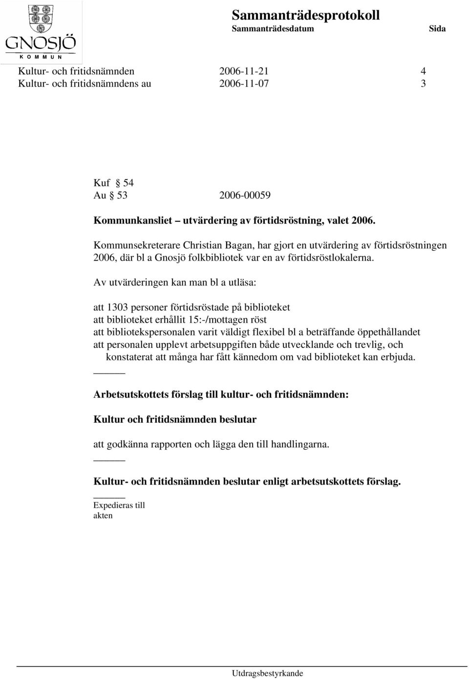 Av utvärderingen kan man bl a utläsa: att 1303 personer förtidsröstade på biblioteket att biblioteket erhållit 15:-/mottagen röst att bibliotekspersonalen varit väldigt flexibel bl