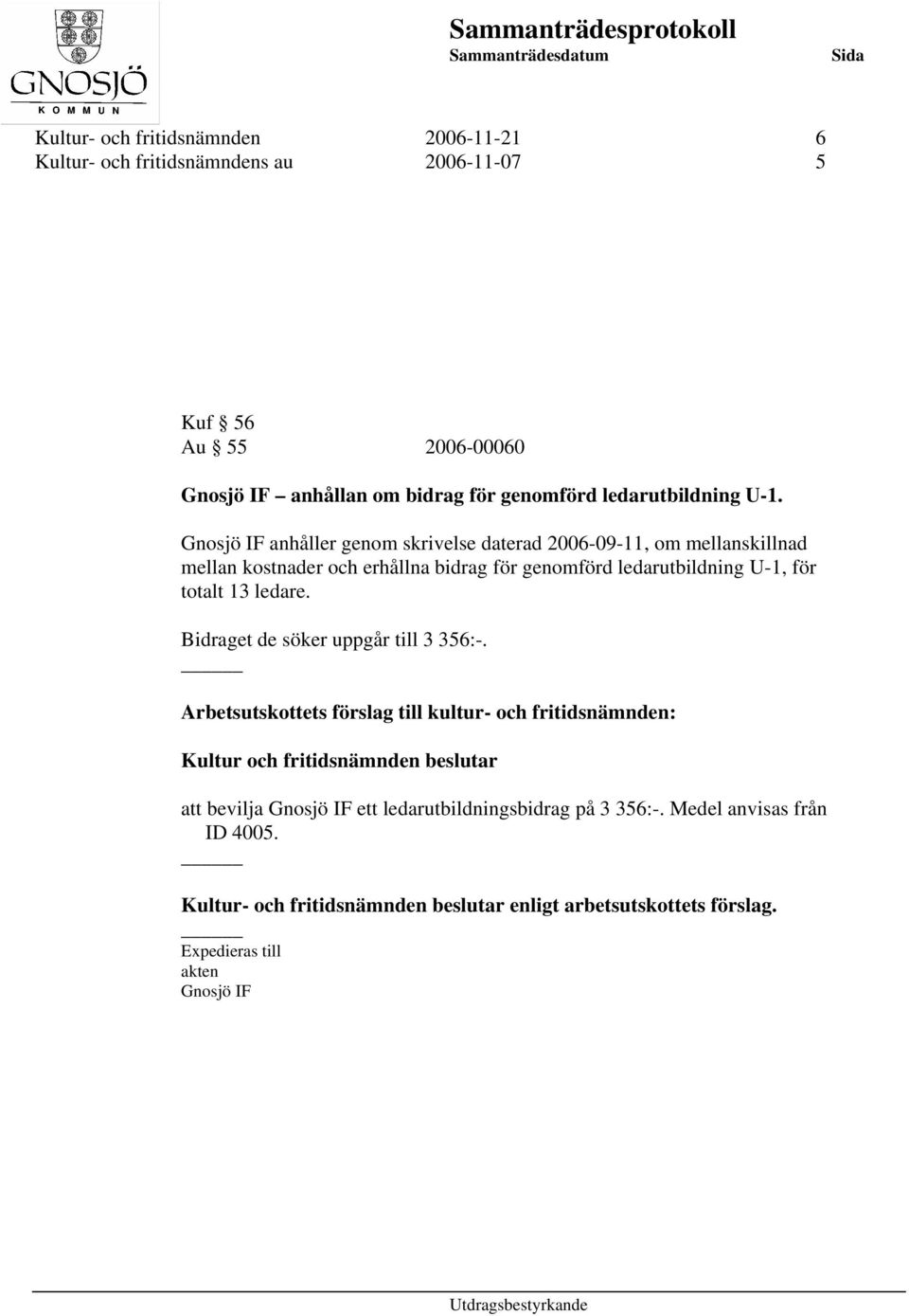 Gnosjö IF anhåller genom skrivelse daterad 2006-09-11, om mellanskillnad mellan kostnader och erhållna bidrag för