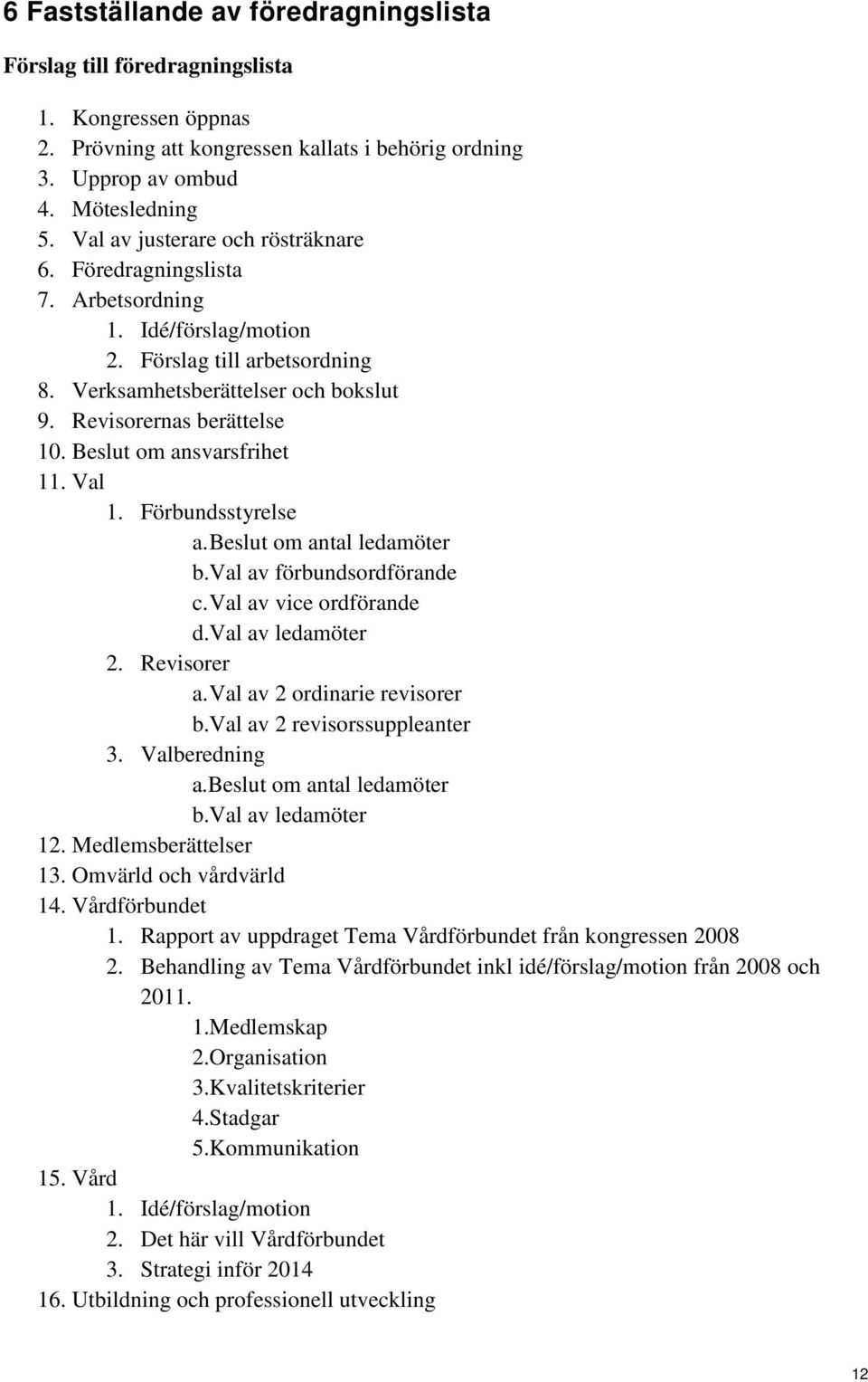 Beslut om ansvarsfrihet 11. Val 1. Förbundsstyrelse a. Beslut om antal ledamöter b.val av förbundsordförande c. Val av vice ordförande d.val av ledamöter 2. Revisorer a.