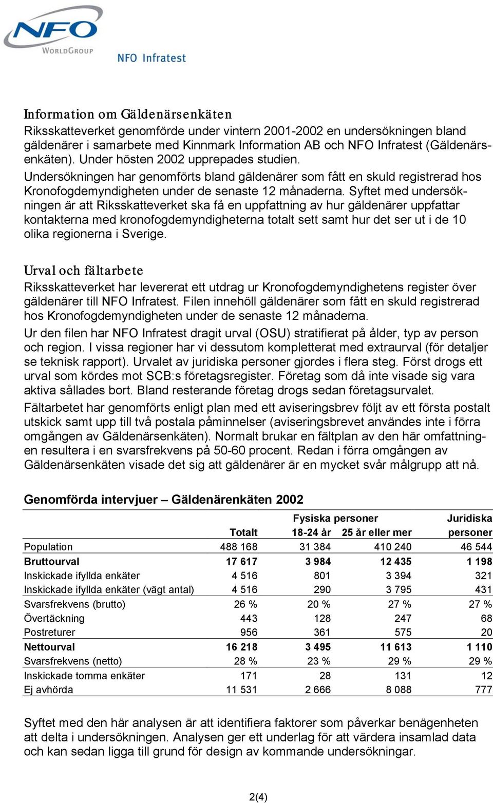 Syftet med undersökningen är att Riksskatteverket ska få en uppfattning av hur gäldenärer uppfattar kontakterna med kronofogdemyndigheterna totalt sett samt hur det ser ut i de 10 olika regionerna i