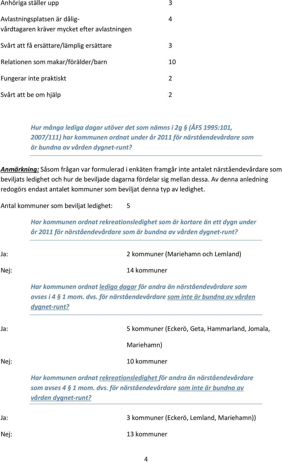 dygnet-runt? Anmärkning: Såsom frågan var formulerad i enkäten framgår inte antalet närståendevårdare som beviljats ledighet och hur de beviljade dagarna fördelar sig mellan dessa.