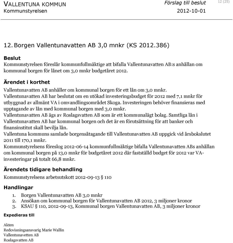 Vallentunavatten AB anhåller om kommunal borgen för ett lån om 3,0 mnkr.