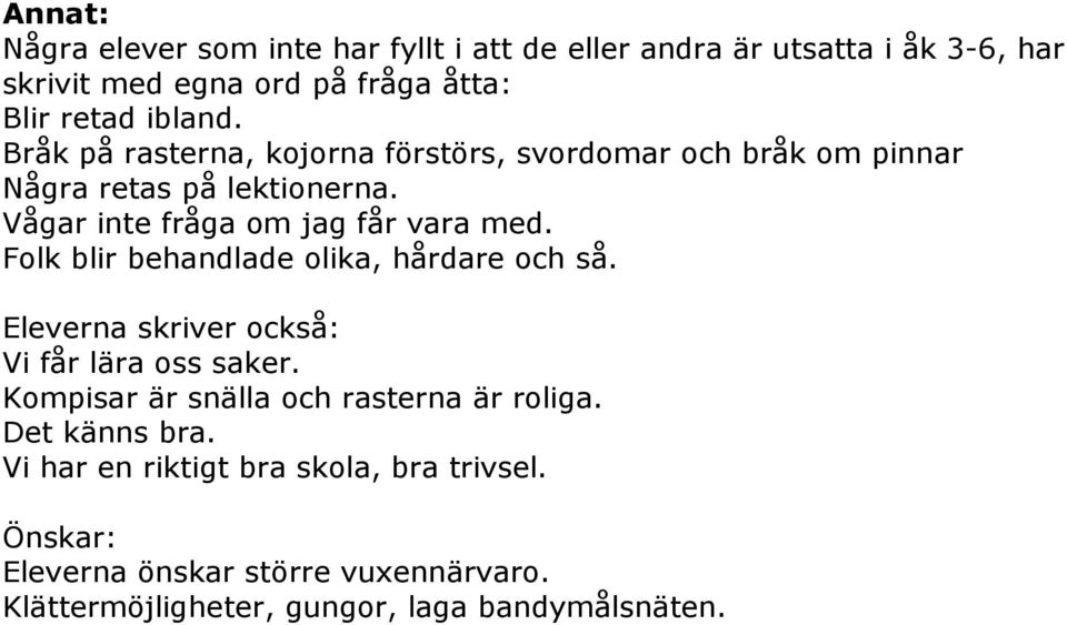 Folk blir behandlade olika, hårdare och så. Eleverna skriver också: Vi får lära oss saker. Kompisar är snälla och rasterna är roliga.