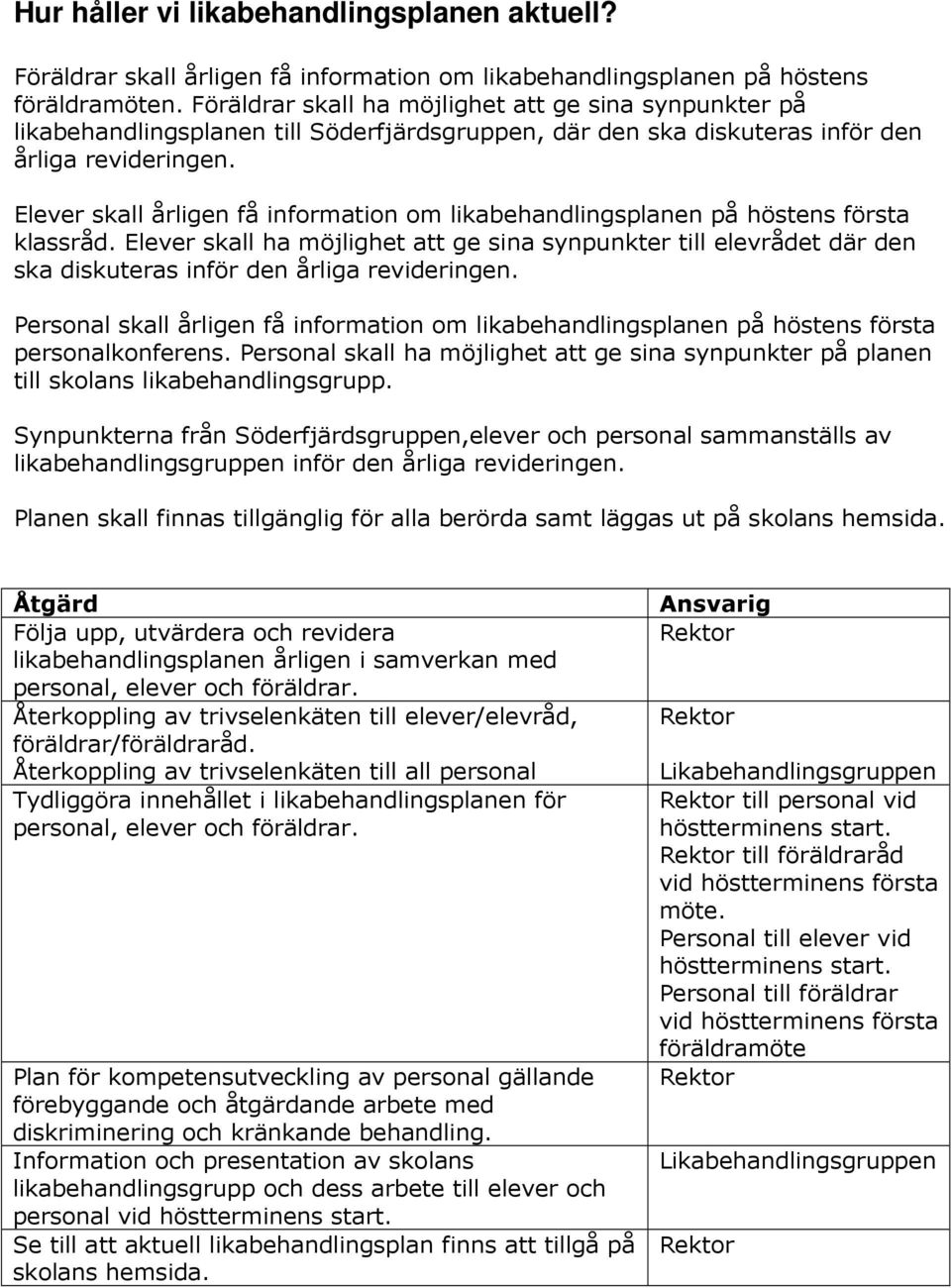 Elever skall årligen få information om likabehandlingsplanen på höstens första klassråd.