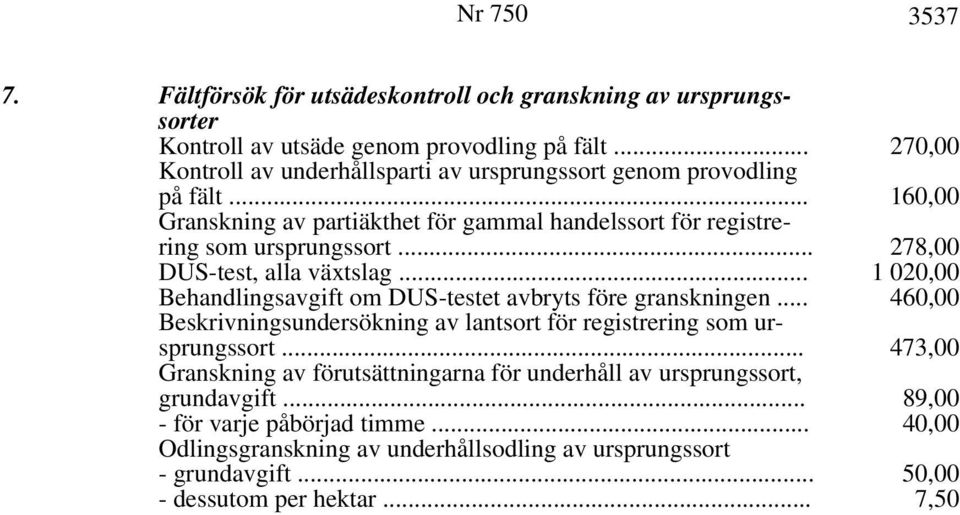 .. 278,00 DUS-test, alla växtslag... 1 020,00 Behandlingsavgift om DUS-testet avbryts före granskningen.