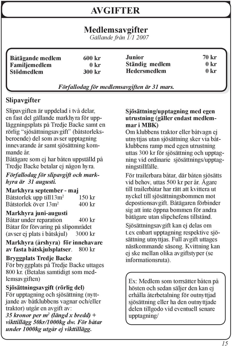 upptagning innevarande år samt sjösättning kommande år. Båtägare som ej har båten uppställd på Tredje Backe betalar ej någon hyra. Förfallodag för slipavgift och markhyra är 31 augusti.