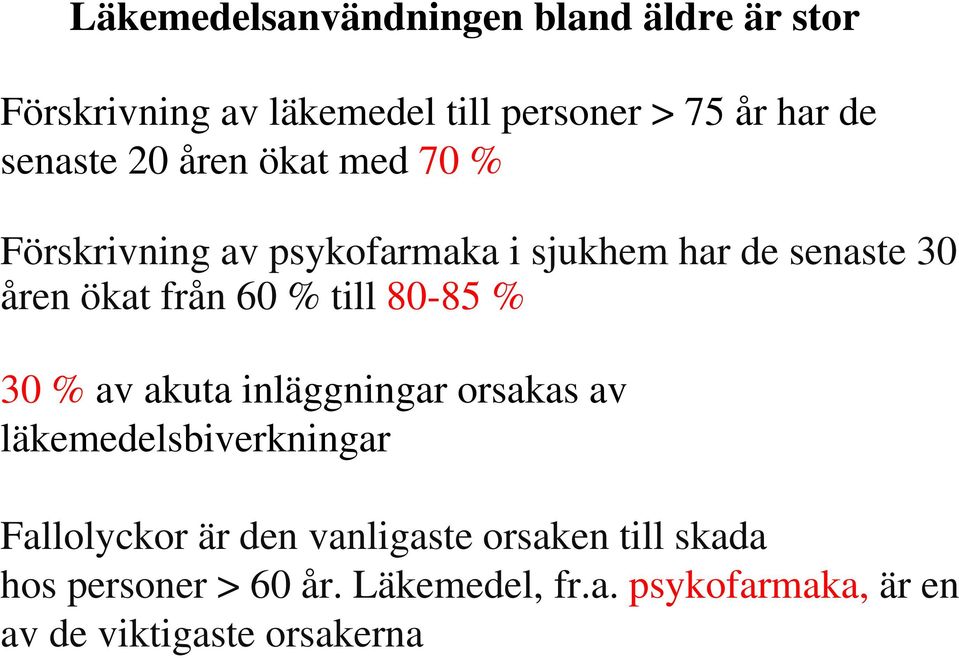 60 % till 80-85 % 30 % av akuta inläggningar orsakas av läkemedelsbiverkningar Fallolyckor är den