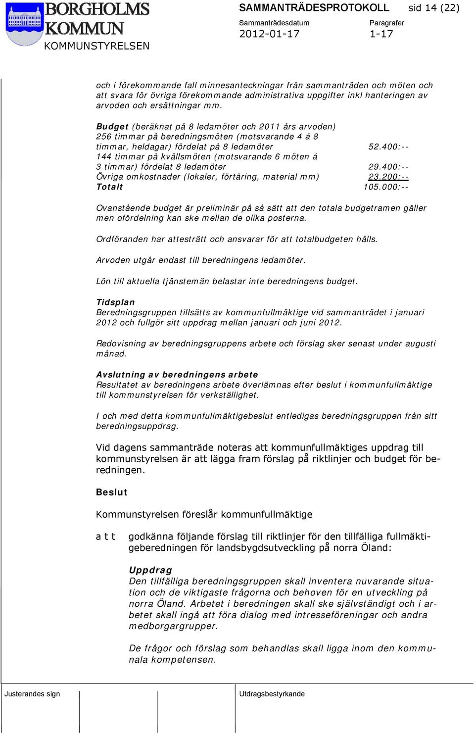 400:-- 144 timmar på kvällsmöten (motsvarande 6 möten á 3 timmar) fördelat 8 ledamöter 29.400:-- Övriga omkostnader (lokaler, förtäring, material mm) 23.200:-- Totalt 105.