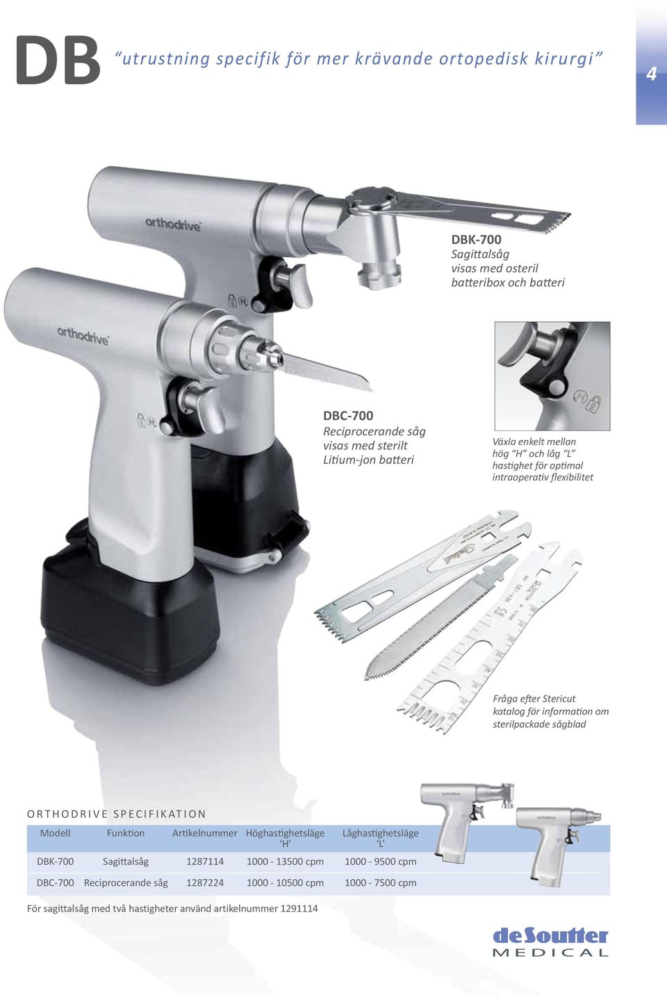 information om sterilpackade sågblad ORTHODRIVE SPECIFIKATION Modell DBK700 Funktion Sagittalsåg Artikelnummer 1287114 Höghastighetsläge H 1000 13500 cpm