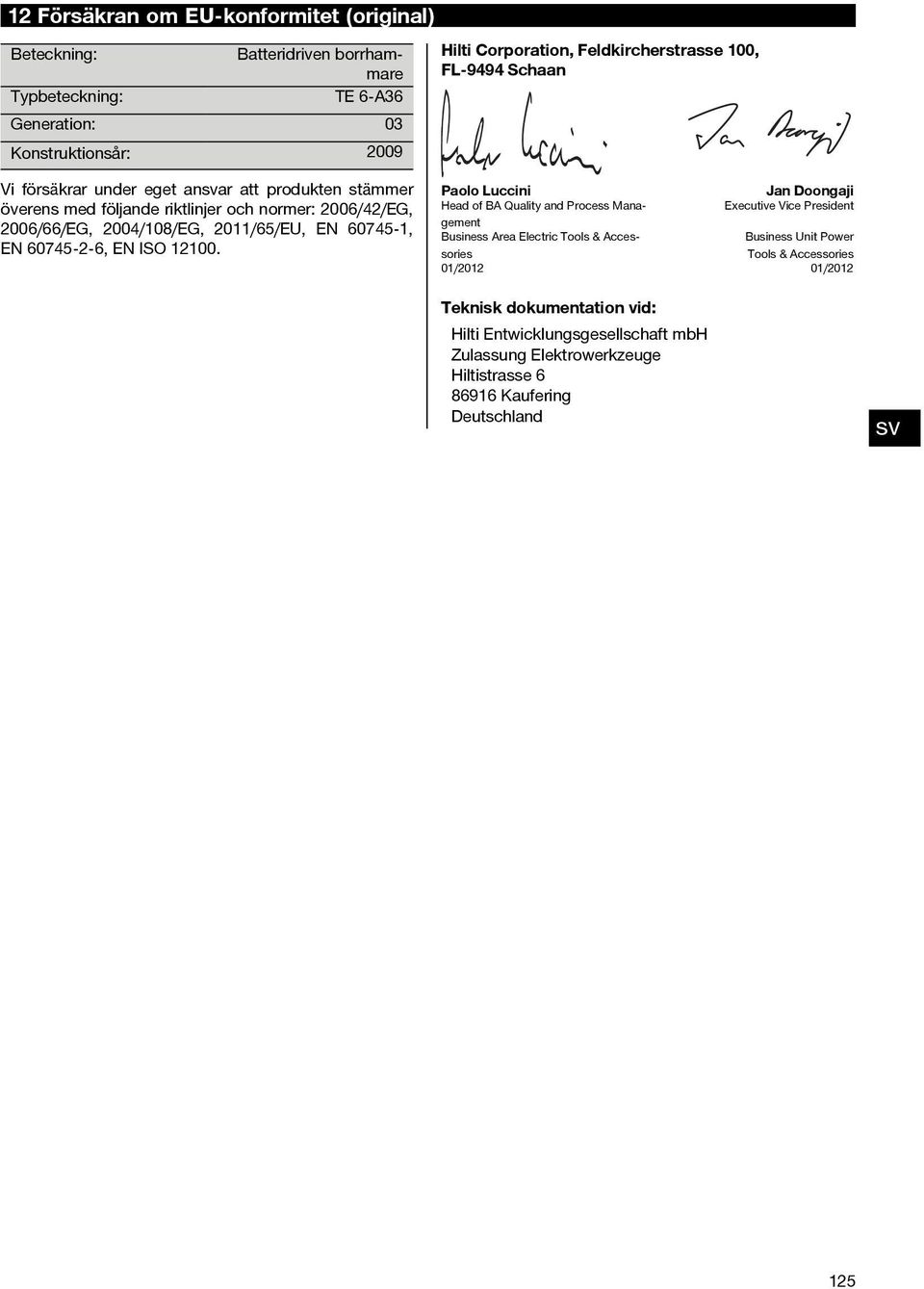 2011/65/EU, EN 60745 1, EN 60745 2 6, EN ISO 12100.