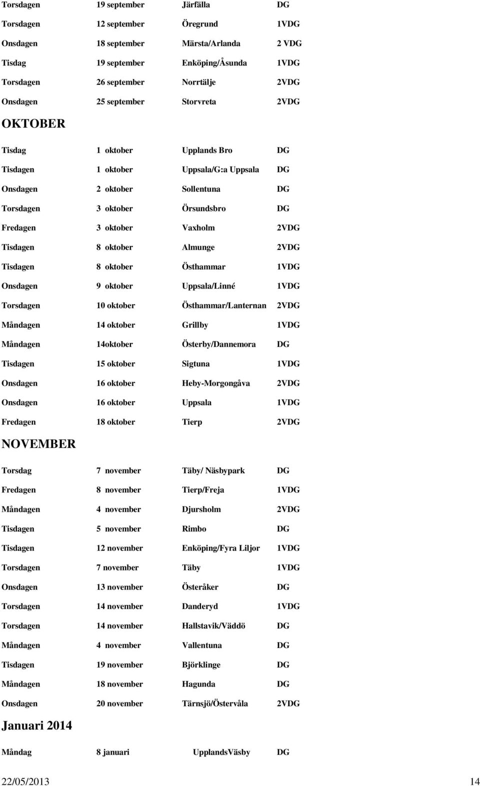 oktober Vaxholm 2VDG Tisdagen 8 oktober Almunge 2VDG Tisdagen 8 oktober Östhammar 1VDG Onsdagen 9 oktober Uppsala/Linné 1VDG Torsdagen 10 oktober Östhammar/Lanternan 2VDG Måndagen 14 oktober Grillby