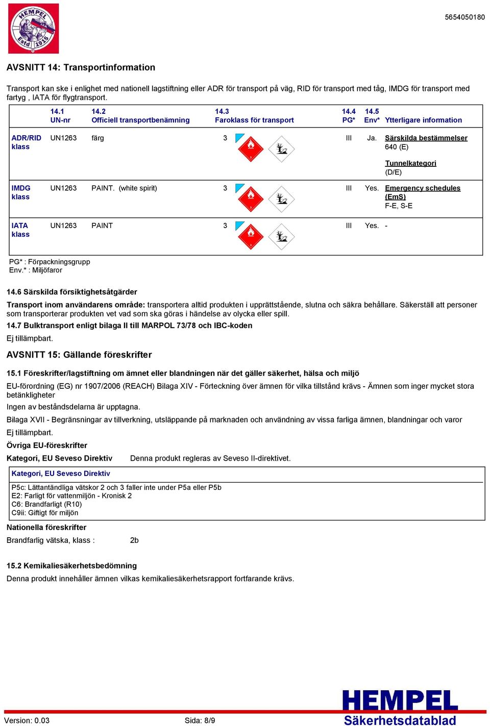 Särskilda bestämmelser 640 (E) Tunnelkategori (D/E) IMDG klass UN1263 PAINT. (white spirit) 3 III Yes. Emergency schedules (EmS) FE, SE IATA klass UN1263 PAINT 3 III Yes. PG* : Förpackningsgrupp Env.