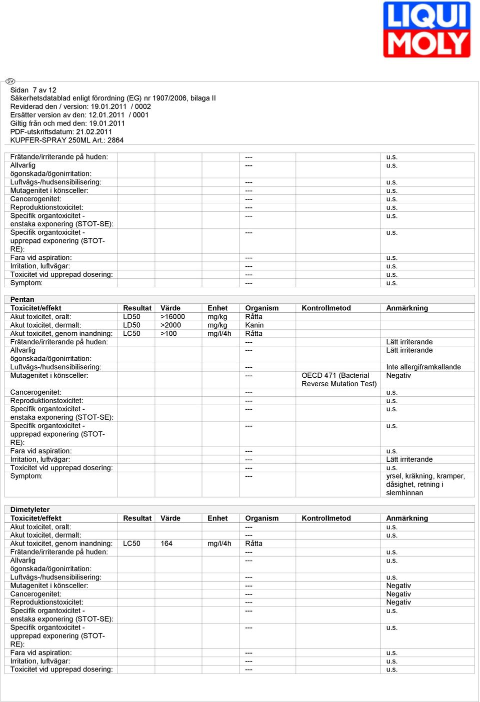 Resultat Värde Enhet Organism Kontrollmetod Anmärkning Akut toxicitet, oralt: LD50 >16000 mg/kg Råtta Akut toxicitet, dermalt: LD50 >2000 mg/kg Kanin Akut toxicitet, genom inandning: LC50 >100