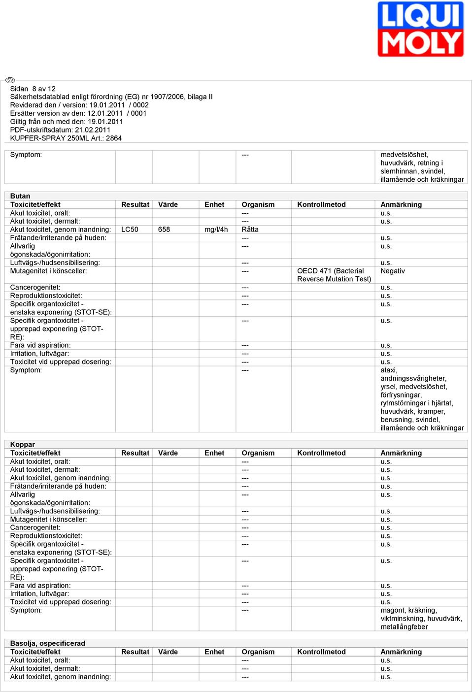 Luftvägs-/hudsensibilisering: --- Mutagenitet i könsceller: --- OECD 471 (Bacterial Negativ Reverse Mutation Test) Cancerogenitet: --- Reproduktionstoxicitet: --- --- enstaka exponering (STOT-SE):