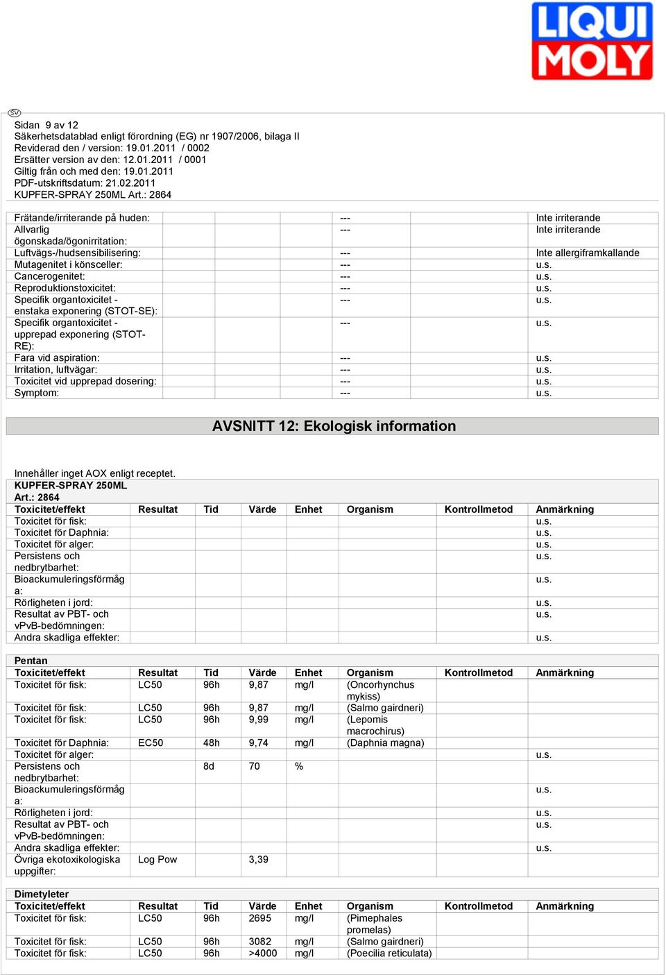 upprepad dosering: --- Symptom: --- AVSNITT 12: Ekologisk information Innehåller inget AOX enligt receptet. KUPFER-SPRAY 250ML Art.