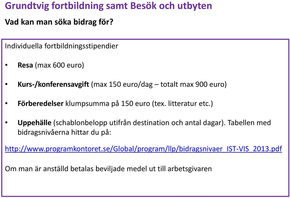 Förberedelser klumpsumma på 150 euro (tex. litteratur etc.) Uppehälle (schablonbelopp utifrån destination och antal dagar).