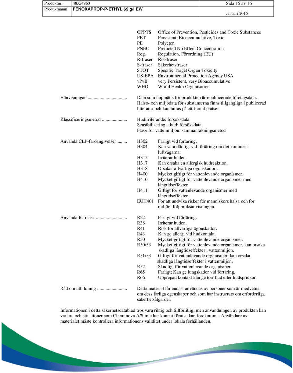 World Health Organisation Hänvisningar... Klassificeringsmetod... Data som uppmätts för produkten är opublicerade företagsdata.