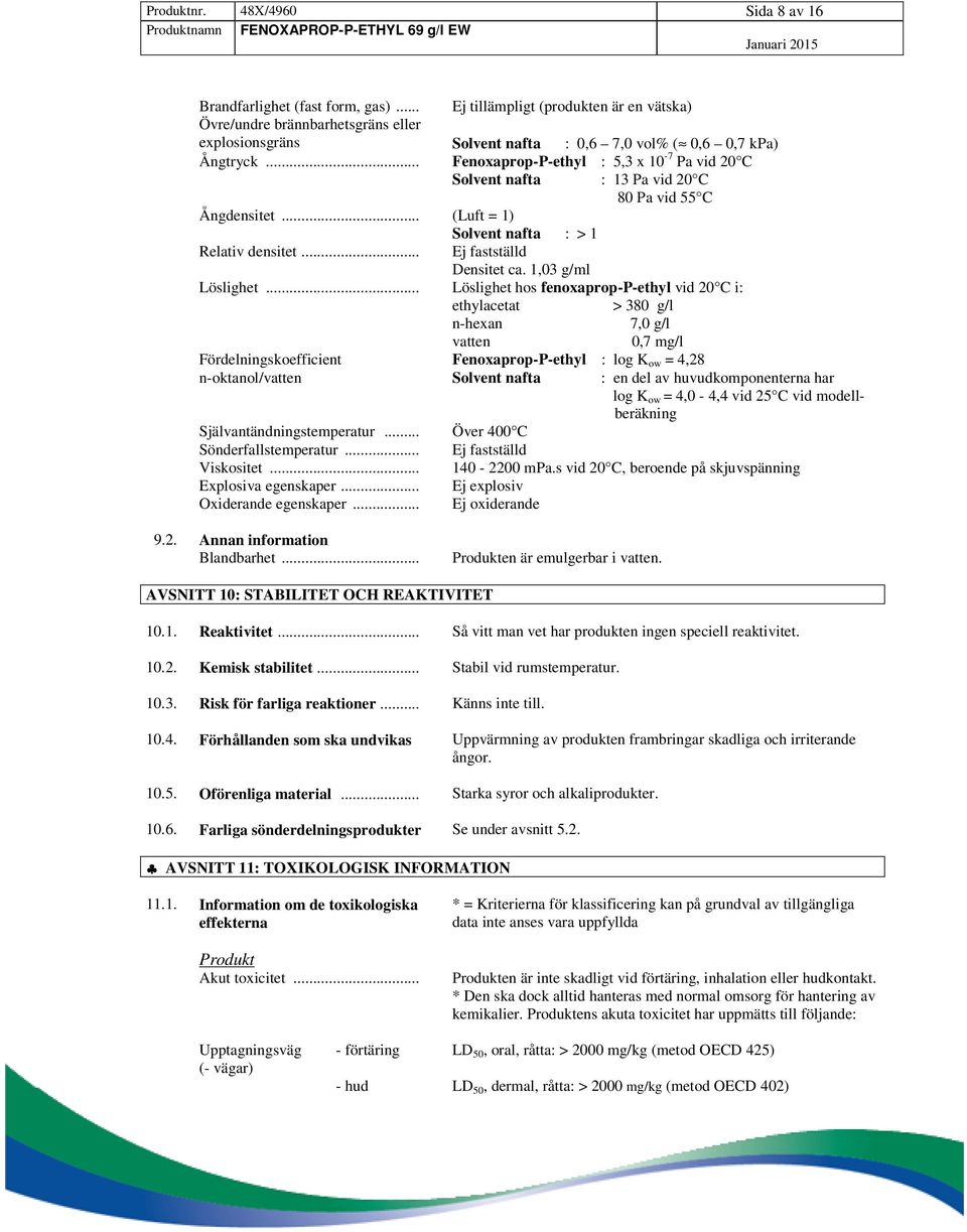 .. Fenoxaprop-P-ethyl : 5,3 x 10-7 Pa vid 20 C Solvent nafta : 13 Pa vid 20 C 80 Pa vid 55 C Ångdensitet... (Luft = 1) Solvent nafta : > 1 Relativ densitet... Ej fastställd Densitet ca.