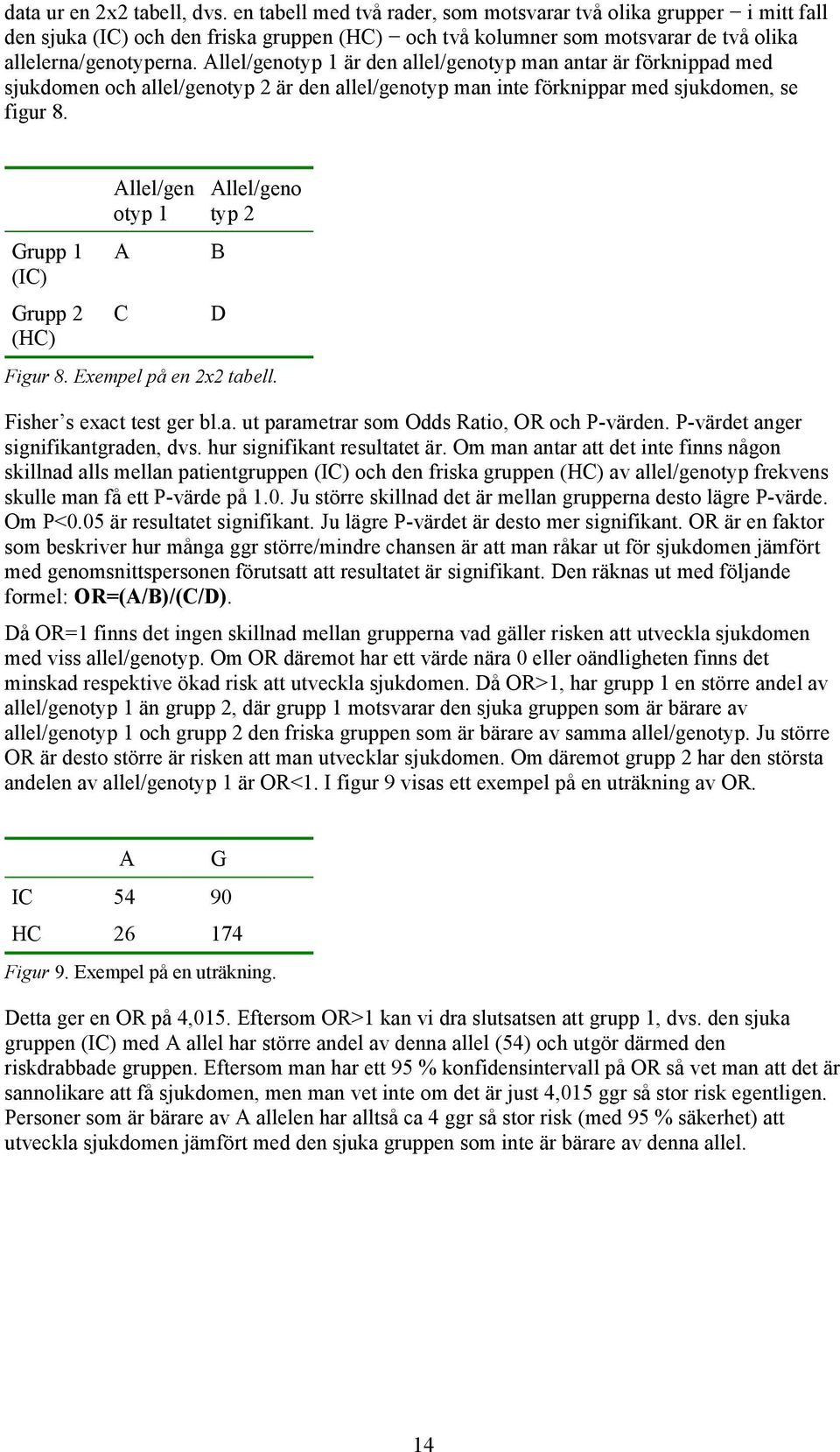 Allel/genotyp 1 är den allel/genotyp man antar är förknippad med sjukdomen och allel/genotyp 2 är den allel/genotyp man inte förknippar med sjukdomen, se figur 8.