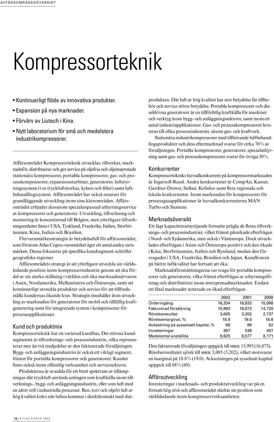 Affärsområdet Kompressorteknik utvecklar, tillverkar, marknadsför, distribuerar och ger service på oljefria och oljeinsprutade stationära kompressorer, portabla kompressorer, gas- och
