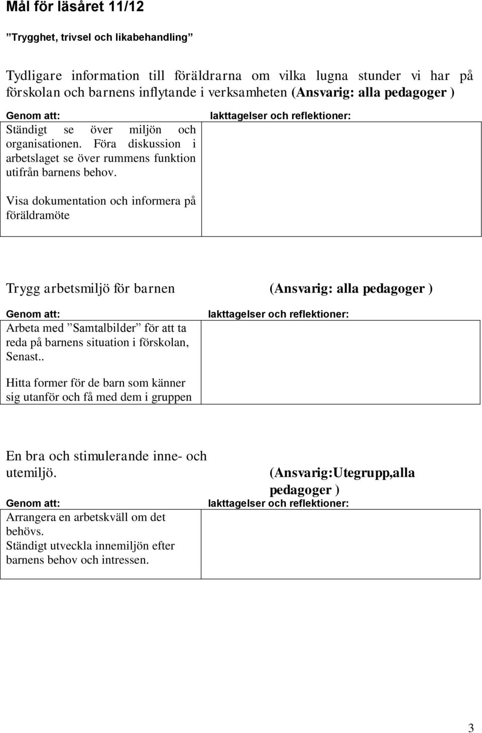 Visa dokumentation och informera på föräldramöte Trygg arbetsmiljö för barnen (Ansvarig: alla pedagoger ) Arbeta med Samtalbilder för att ta reda på barnens situation i förskolan, Senast.