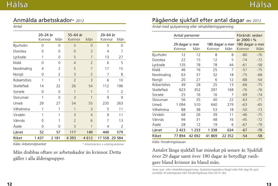 Vännäs 0 1 2 6 7 13 Åsele 0 0 3 1 4 2 Länet 52 57 117 149 440 579 Riket 1 437 2 181 4 393 4 612 17 558 20 584 Källa: Arbetsmiljöverket * Arbetsolyckor + arbetssjukdomar Män drabbas oftare av
