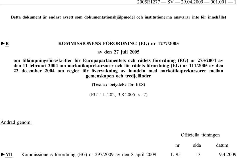 juli 2005 om tillämpningsföreskrifter för Europaparlamentets och rådets förordning (EG) nr 273/2004 av den 11 februari 2004 om narkotikaprekursorer och för rådets förordning