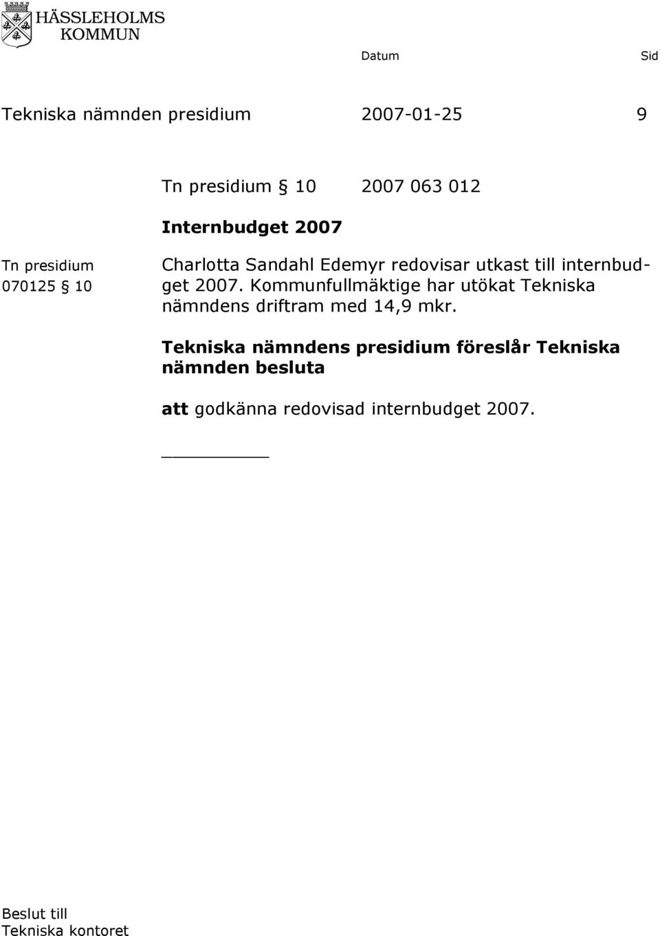 2007. Kommunfullmäktige har utökat Tekniska nämndens driftram med 14,9 mkr.