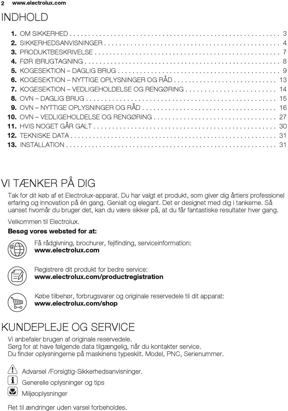 KOGESEKTION NYTTIGE OPLYSNINGER OG RÅD............................ 13 7. KOGESEKTION VEDLIGEHOLDELSE OG RENGØRING........................ 14 8. OVN DAGLIG BRUG................................................... 15 9.