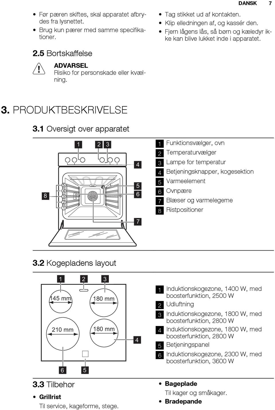 1 Oversigt over apparatet 8 5 4 3 2 1 1 2 3 4 5 6 1 Funktionsvælger, ovn 2 Temperaturvælger 3 Lampe for temperatur 4 Betjeningsknapper, kogesektion 5 Varmeelement 6 Ovnpære 7 Blæser og varmelegeme 8