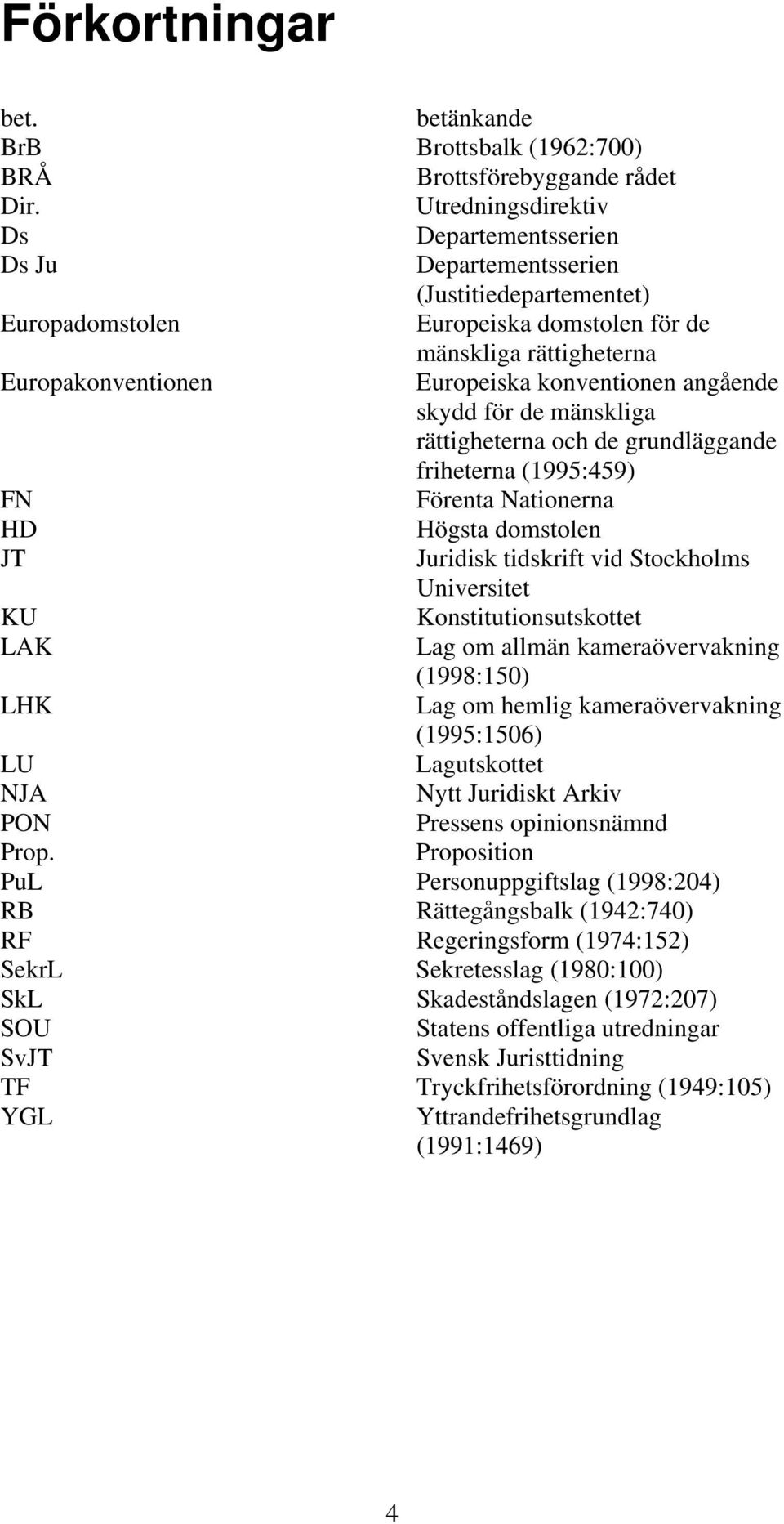 konventionen angående skydd för de mänskliga rättigheterna och de grundläggande friheterna (1995:459) FN Förenta Nationerna HD Högsta domstolen JT Juridisk tidskrift vid Stockholms Universitet KU