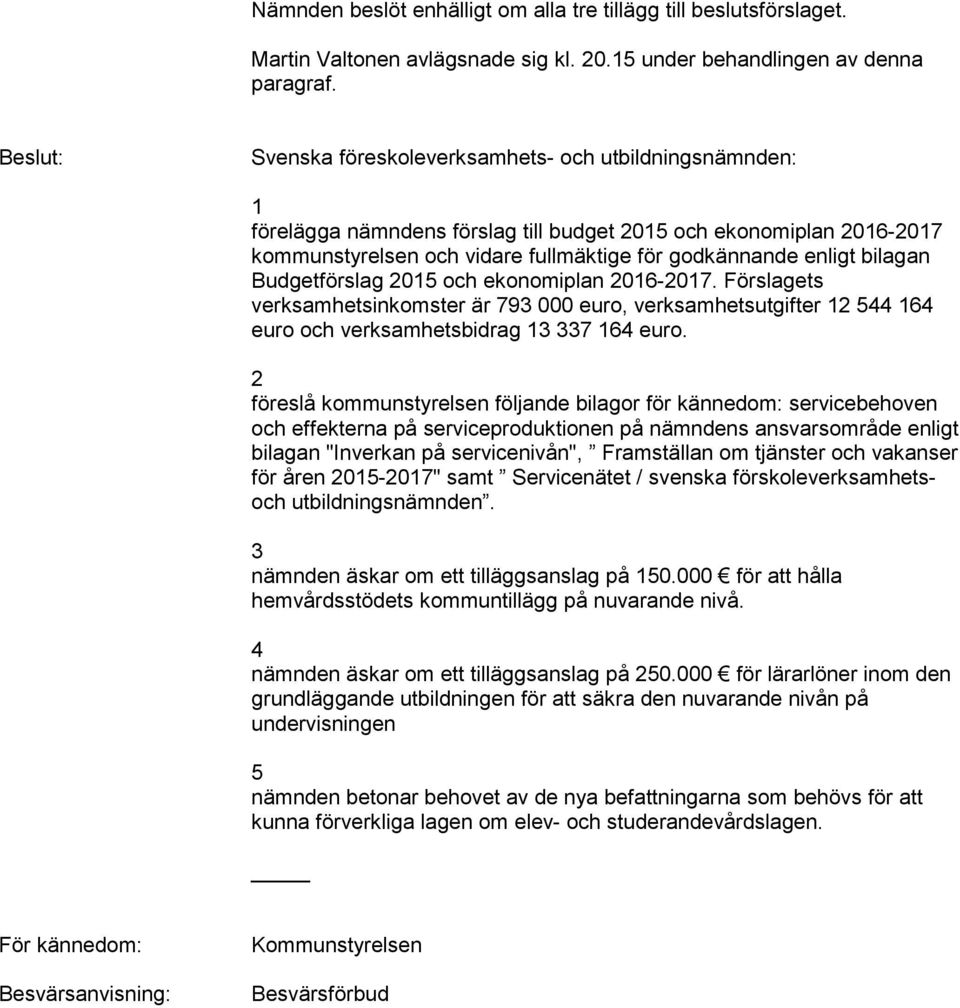 bilagan Budgetförslag 2015 och ekonomiplan 2016-2017. Förslagets verksamhetsinkomster är 793 000 euro, verksamhetsutgifter 12 544 164 euro och verksamhetsbidrag 13 337 164 euro.