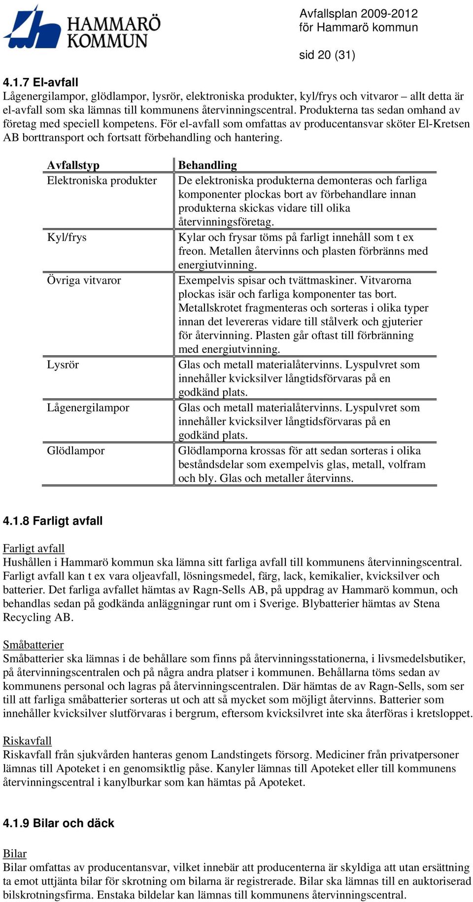 Avfallstyp Elektroniska produkter Kyl/frys Övriga vitvaror Lysrör Lågenergilampor Glödlampor Behandling De elektroniska produkterna demonteras och farliga komponenter plockas bort av förbehandlare