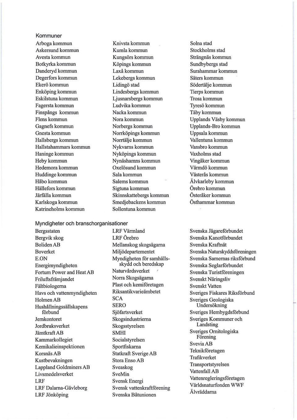 Katrineholms kommun Knivsta kommun Kumla kommun Kungsörs kommun Köpings kommun Laxåkommun Lekebergs kommun Lidingö stad Lindesbergs kommun Ljusnarsbergs kommun Ludvika kommun Nacka kommun Norakommun