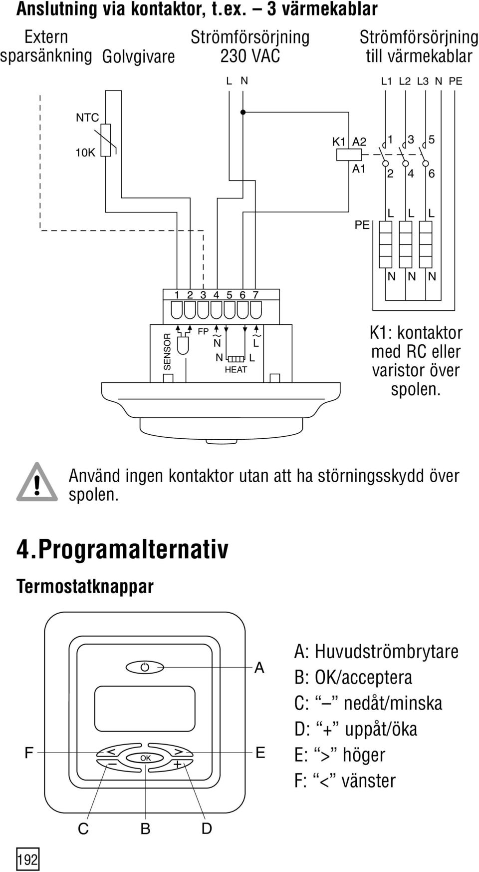 PE NTC 10K K1 A2 A1 1 3 5 2 4 6 PE L L L N N N SENSOR FP N L N L HEAT K1: kontaktor med RC eller varistor över spolen.